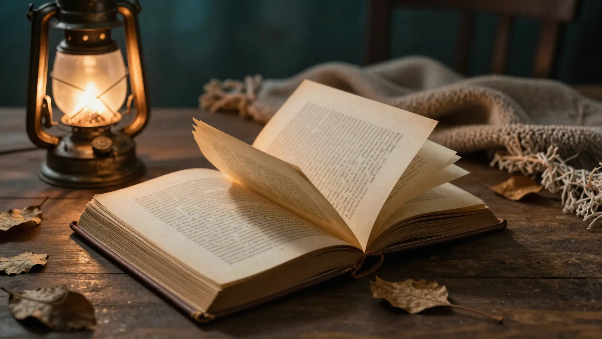 كتابٌ قديم مفتوح إلى جانب مصباحٍ زيتيّ يرمز إلى فنّ القصص وحكايات التراث